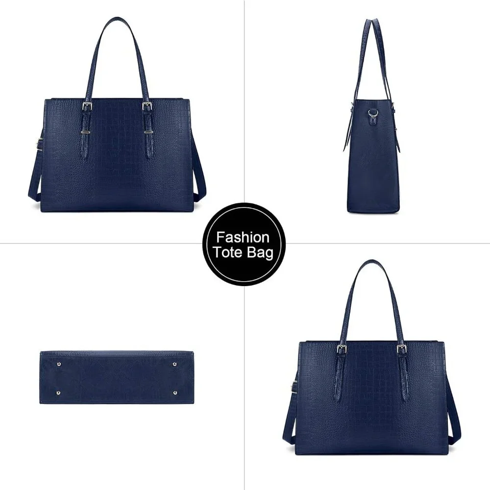 〽️Women Blue Leather Waterproof Professional Shoulder Bag 15.6 Inch Laptop Bag
